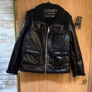 Calvin Klein Shiny patent Black Bomber /Sherpa Jacket Size XL